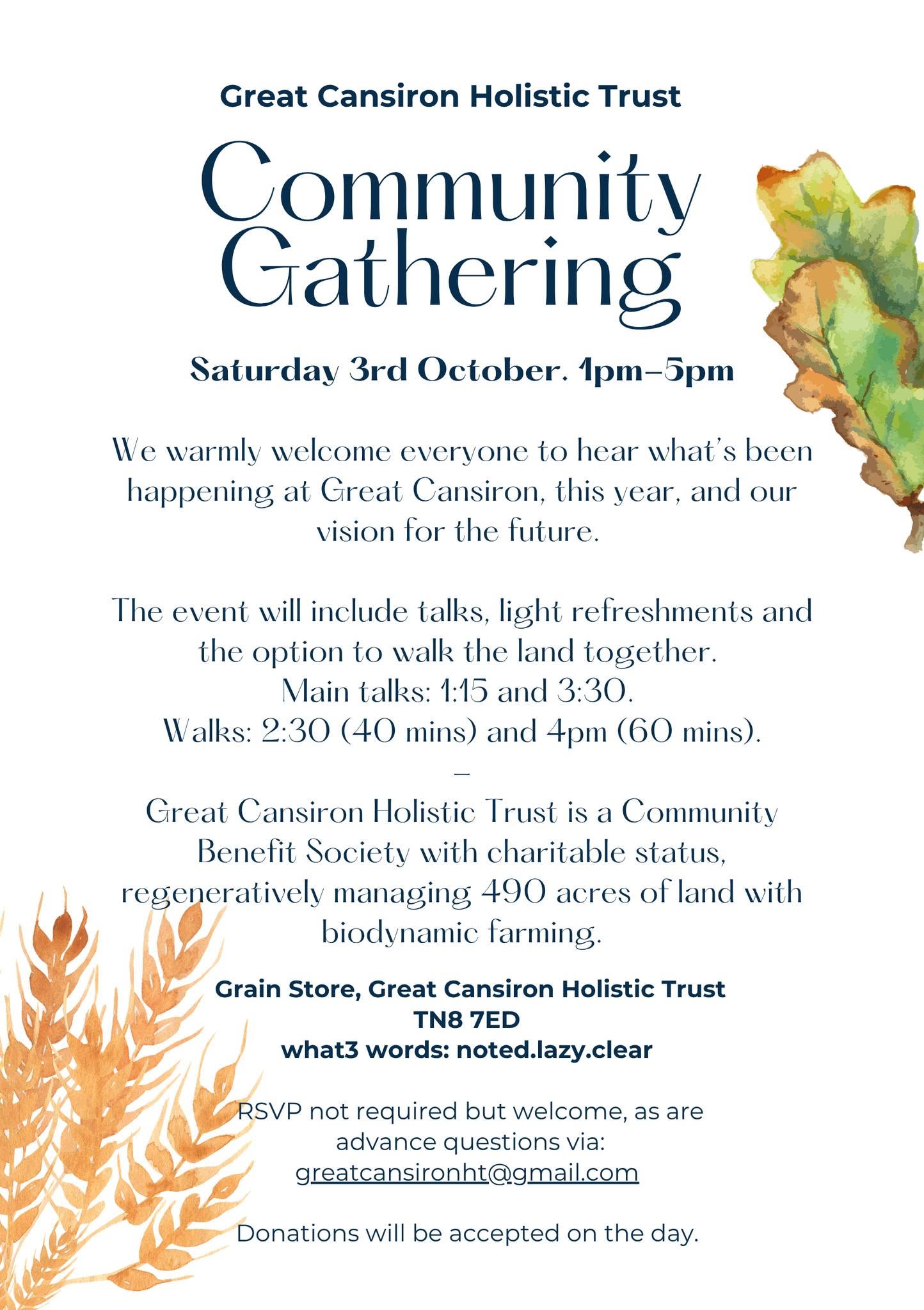 Community Gathering flyer: Saturday 3 October, 1pm to 5pm, Grain Store, TN8 7ED